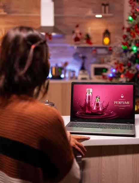 A lady watching animated product advertisement on laptop